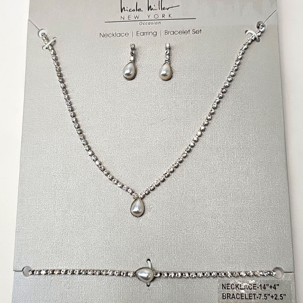 Nicole Miller 3-Piece Crystal‎ w Teardrop Pearl Set Necklace Earring Bracelet